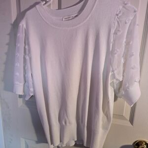 Madison White Short Sleeve Top with Sheer Floral Sleeves